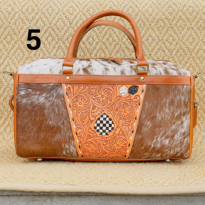 Hide & Leather Duffle Bag with Tooled Detailing in Black or Tan - JayKayBoutiqueOnline