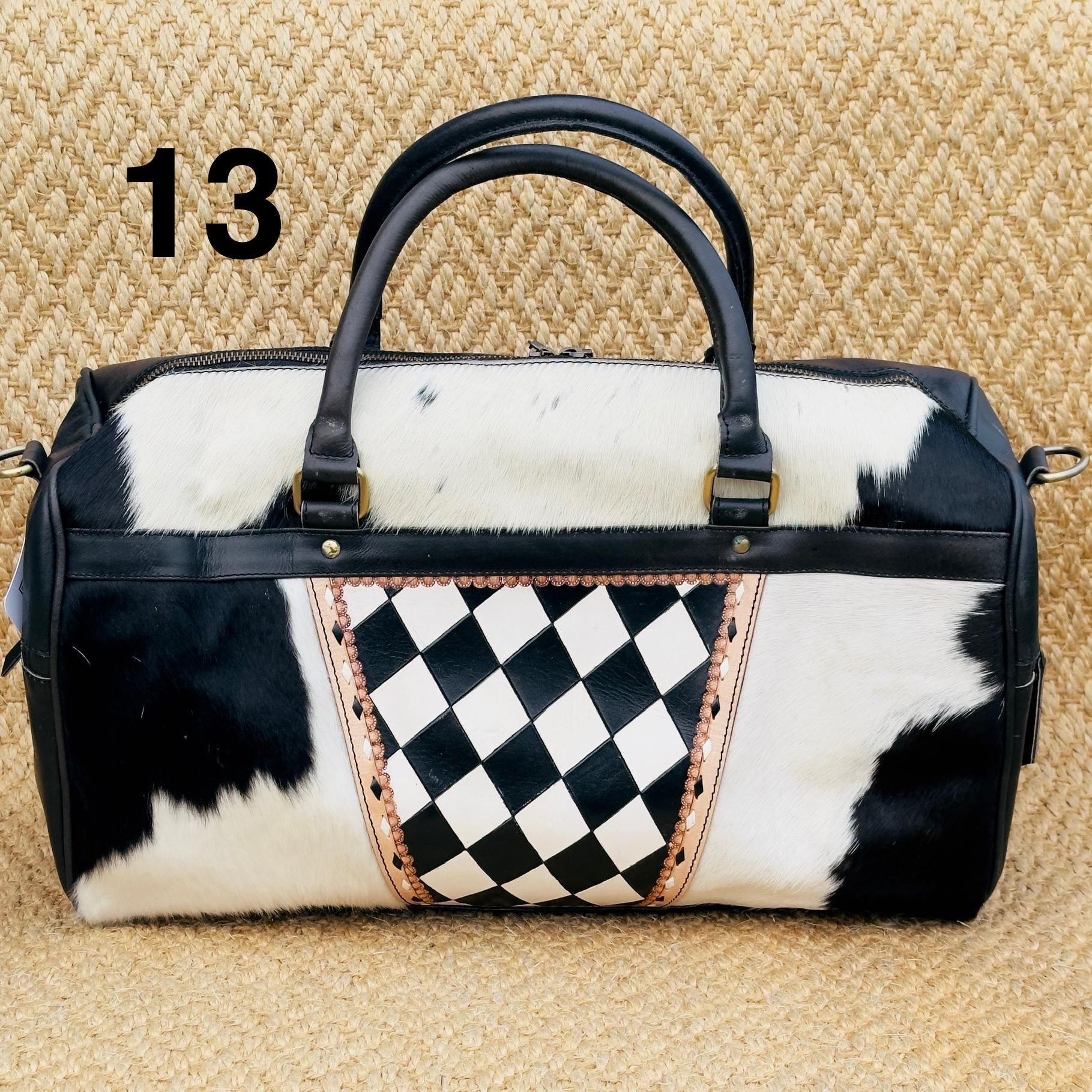 Hide & Leather Duffle Bag with Tooled Detailing in Black or Tan - JayKayBoutiqueOnline