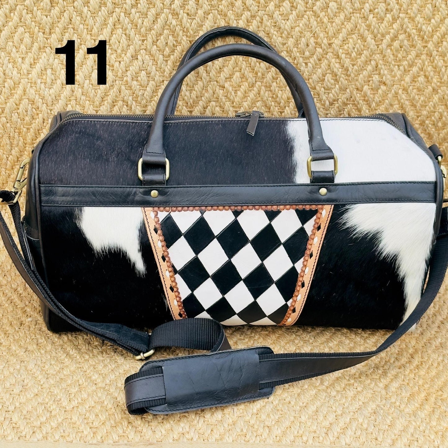 Hide & Leather Duffle Bag with Tooled Detailing in Black or Tan - JayKayBoutiqueOnline