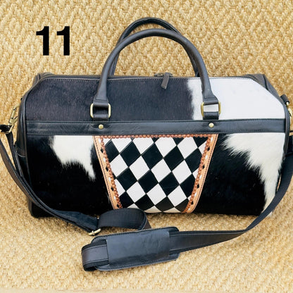 Hide & Leather Duffle Bag with Tooled Detailing in Black or Tan - JayKayBoutiqueOnline