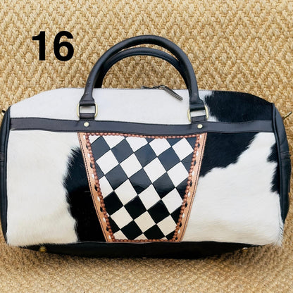 Hide & Leather Duffle Bag with Tooled Detailing in Black or Tan - JayKayBoutiqueOnline