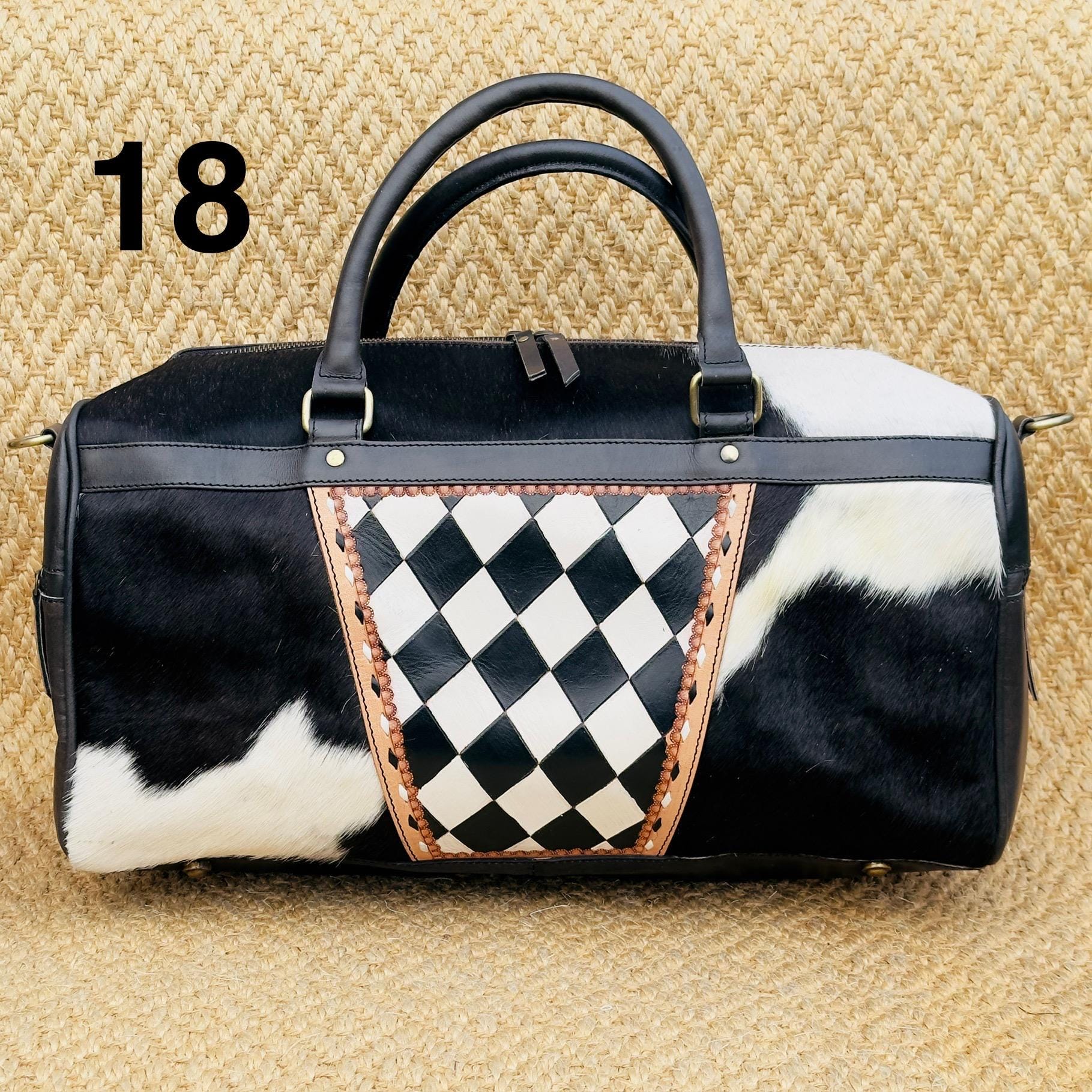 Hide & Leather Duffle Bag with Tooled Detailing in Black or Tan - JayKayBoutiqueOnline