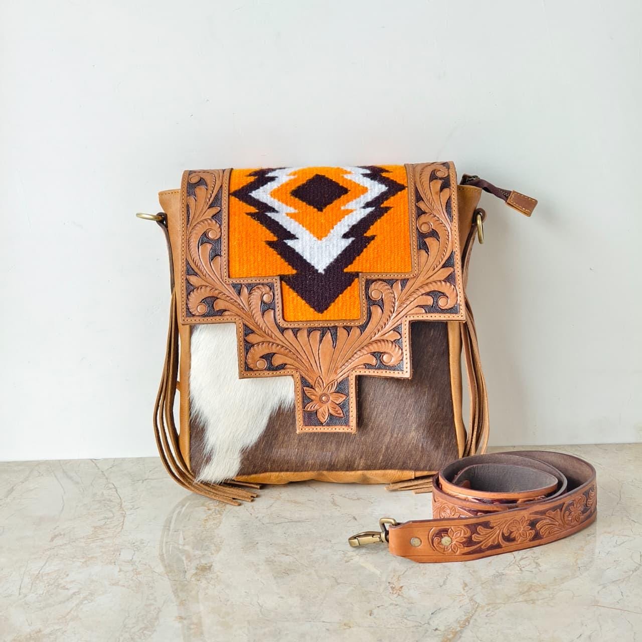 Hand Tooled Leather Cowhide Shoulder Bag - JayKayBoutiqueOnline