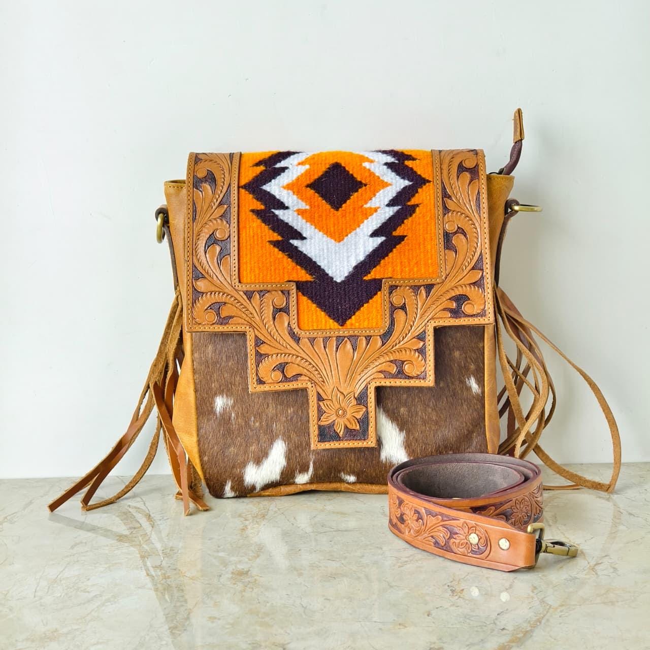 Hand Tooled Leather Cowhide Shoulder Bag - JayKayBoutiqueOnline