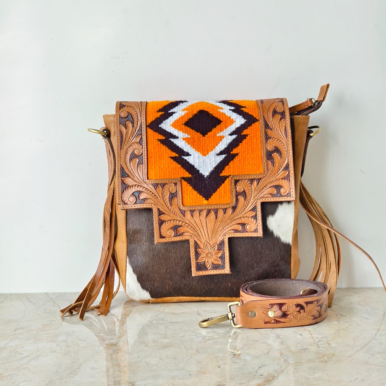 Hand Tooled Leather Cowhide Shoulder Bag - JayKayBoutiqueOnline