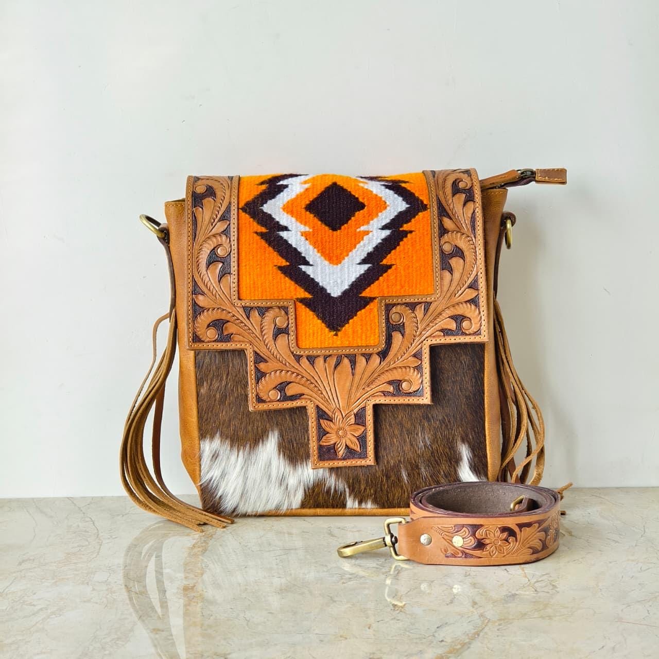 Hand Tooled Leather Cowhide Shoulder Bag - JayKayBoutiqueOnline