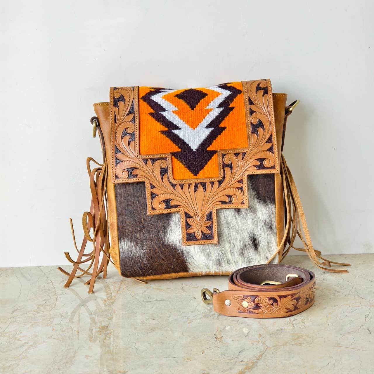 Hand Tooled Leather Cowhide Shoulder Bag - JayKayBoutiqueOnline