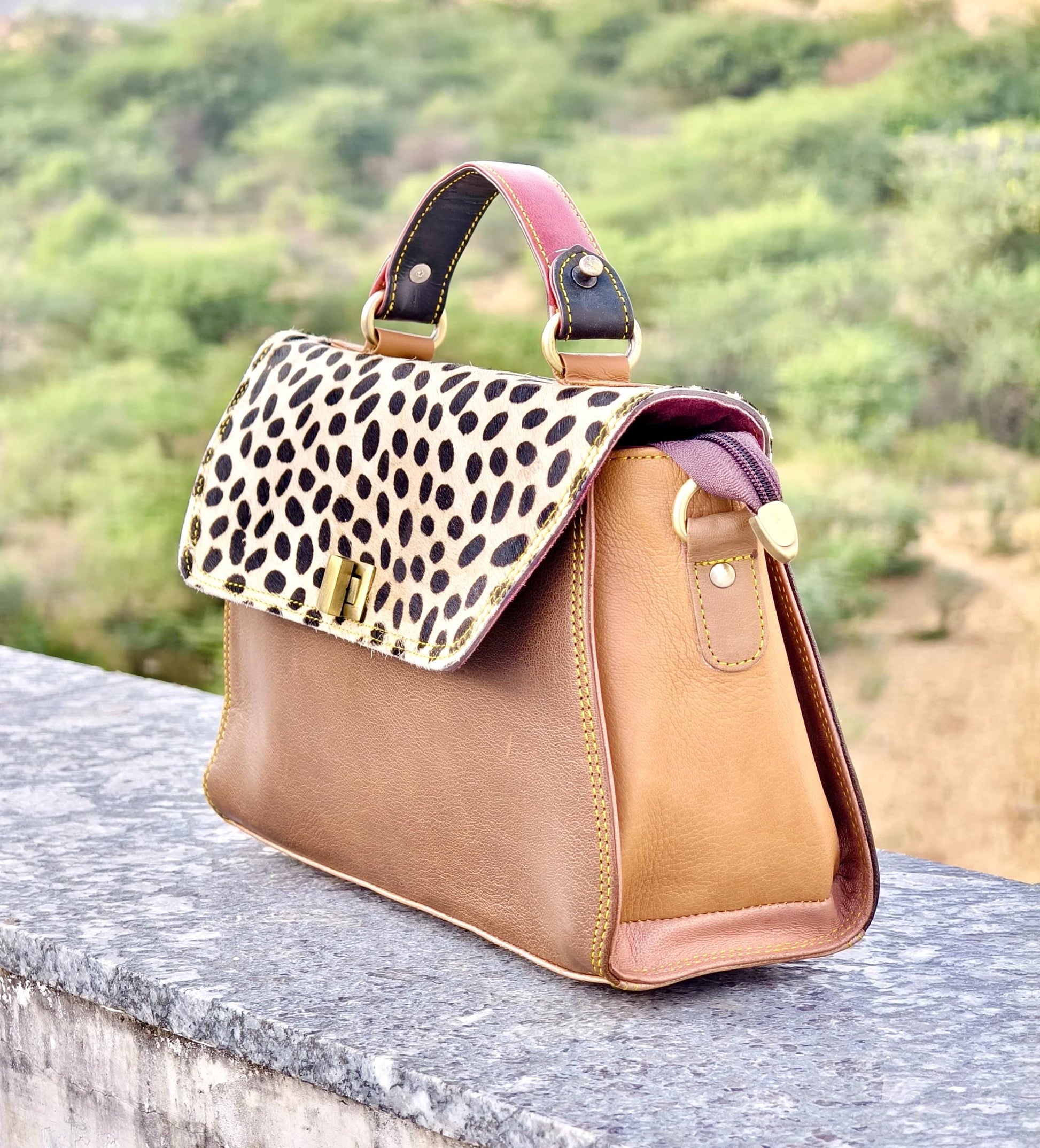 Coloured Leather Top Handle Leather Handbag with Animal Print Hide Options - JayKayBoutiqueOnline