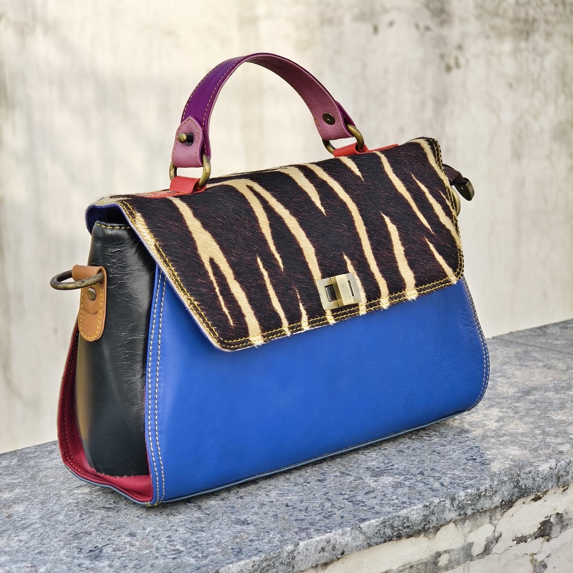 Coloured Leather Top Handle Leather Handbag with Animal Print Hide Options - JayKayBoutiqueOnline