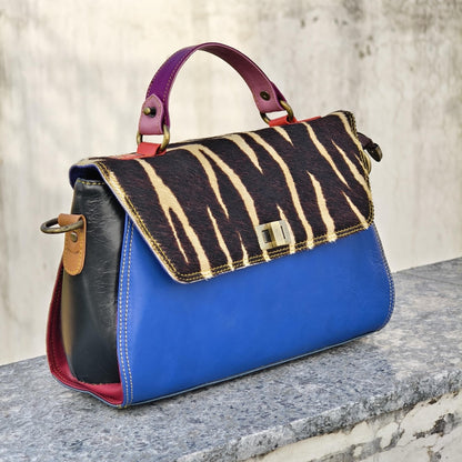Coloured Leather Top Handle Leather Handbag with Animal Print Hide Options - JayKayBoutiqueOnline