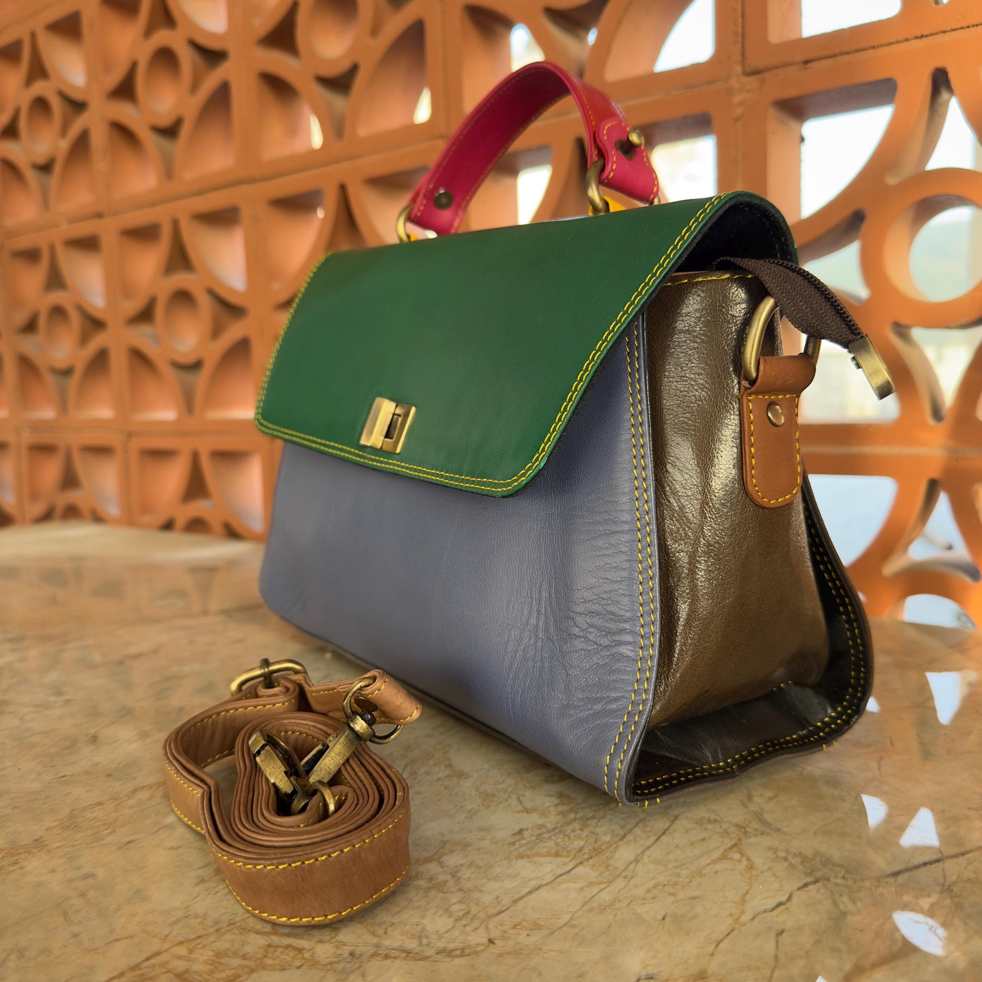 Coloured Leather Top Handle Leather Handbag with Animal Print Hide Options - JayKayBoutiqueOnline