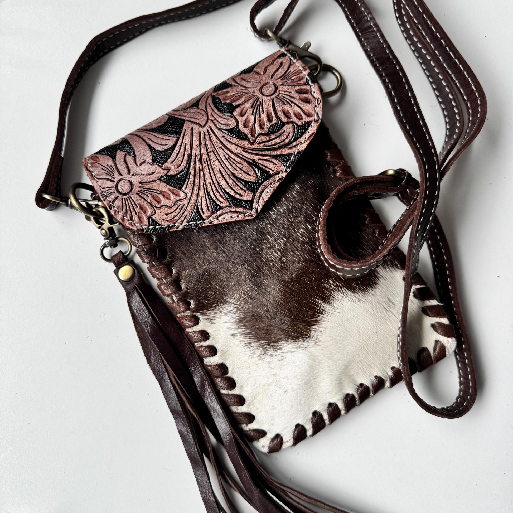 Hand Tooled Leather Cowhide Phone Crossbody Small Bag - JayKayBoutiqueOnline