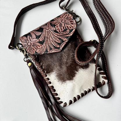 Hand Tooled Leather Cowhide Phone Crossbody Small Bag - JayKayBoutiqueOnline