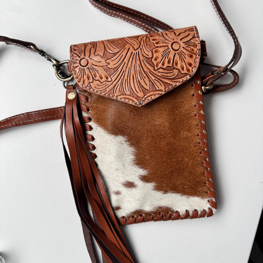 Hand Tooled Leather Cowhide Phone Crossbody Small Bag - JayKayBoutiqueOnline