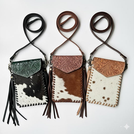 Genuine Leather Cowhide Phone Crossbody Bag with Tooled Floral Flap - JayKayBoutiqueOnline