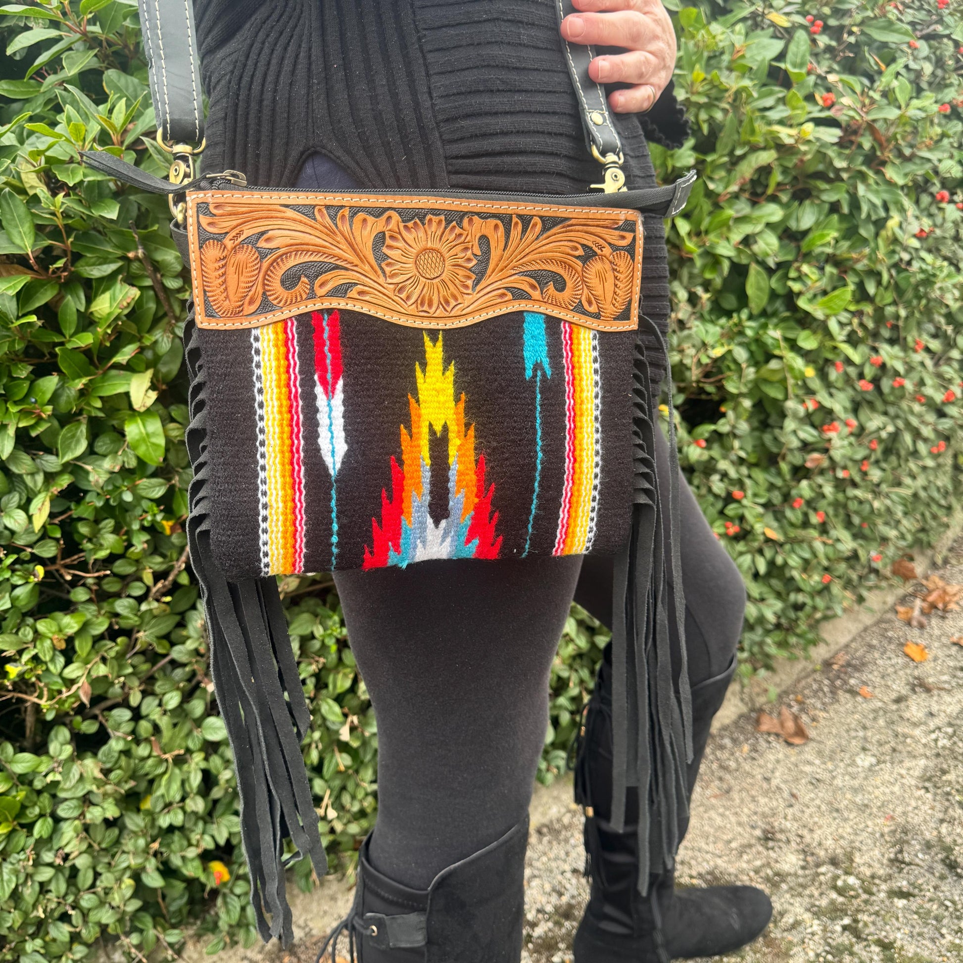 Hand Carved Leather Fringed Kilim Blanket Bag - JayKayBoutiqueOnline