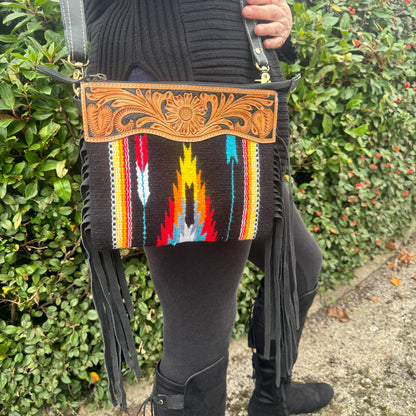 Hand Carved Leather Fringed Kilim Blanket Bag - JayKayBoutiqueOnline