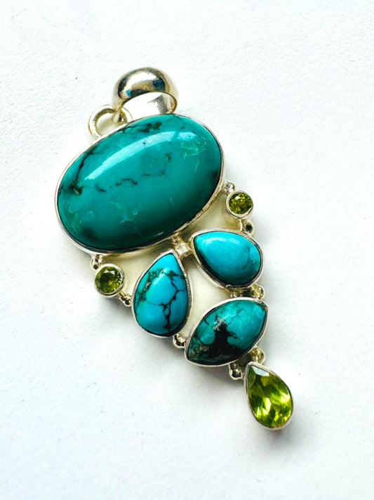 Turquoise Pendant Sterling Silver | Peridot Pendant | Multi Gemstone Pendant | Turquoise Peridot Topaz Pendants | Hand Crafted Pendants - JayKayBoutiqueOnline