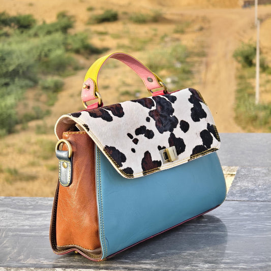 Coloured Leather Top Handle Leather Handbag with Animal Print Hide Options - JayKayBoutiqueOnline