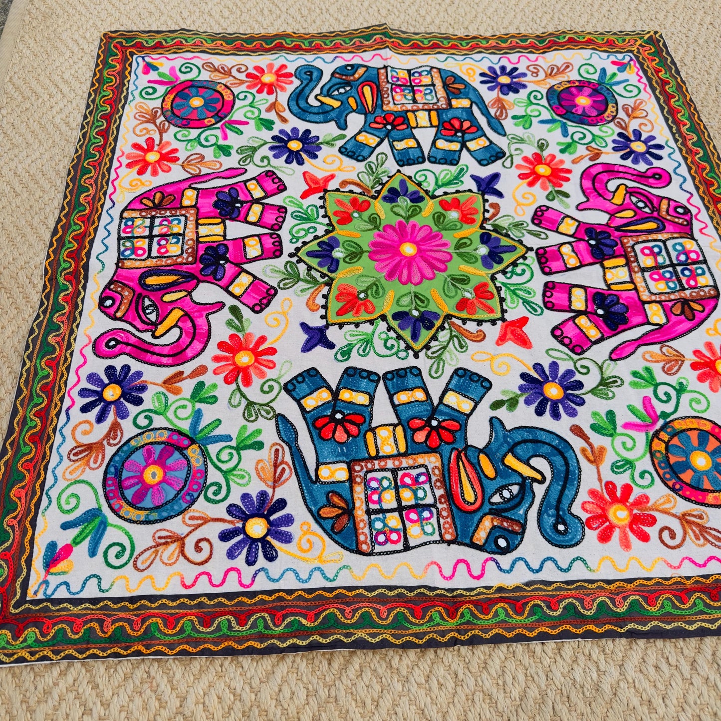 Elephant Floral Hand Embroidered Tablecloth or Wall hanging - JayKayBoutiqueOnline