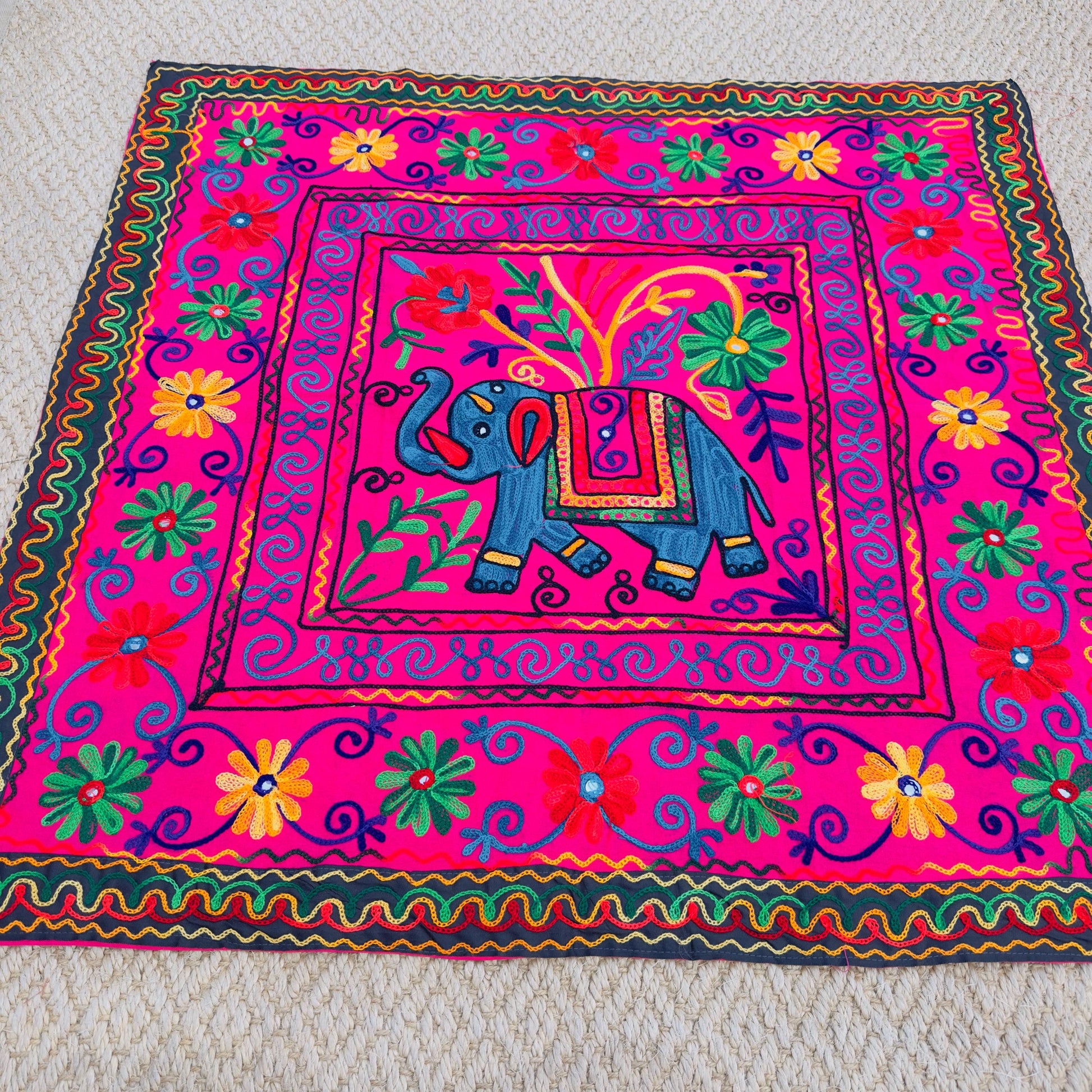 Elephant Floral Hand Embroidered Tablecloth or Wall hanging - JayKayBoutiqueOnline