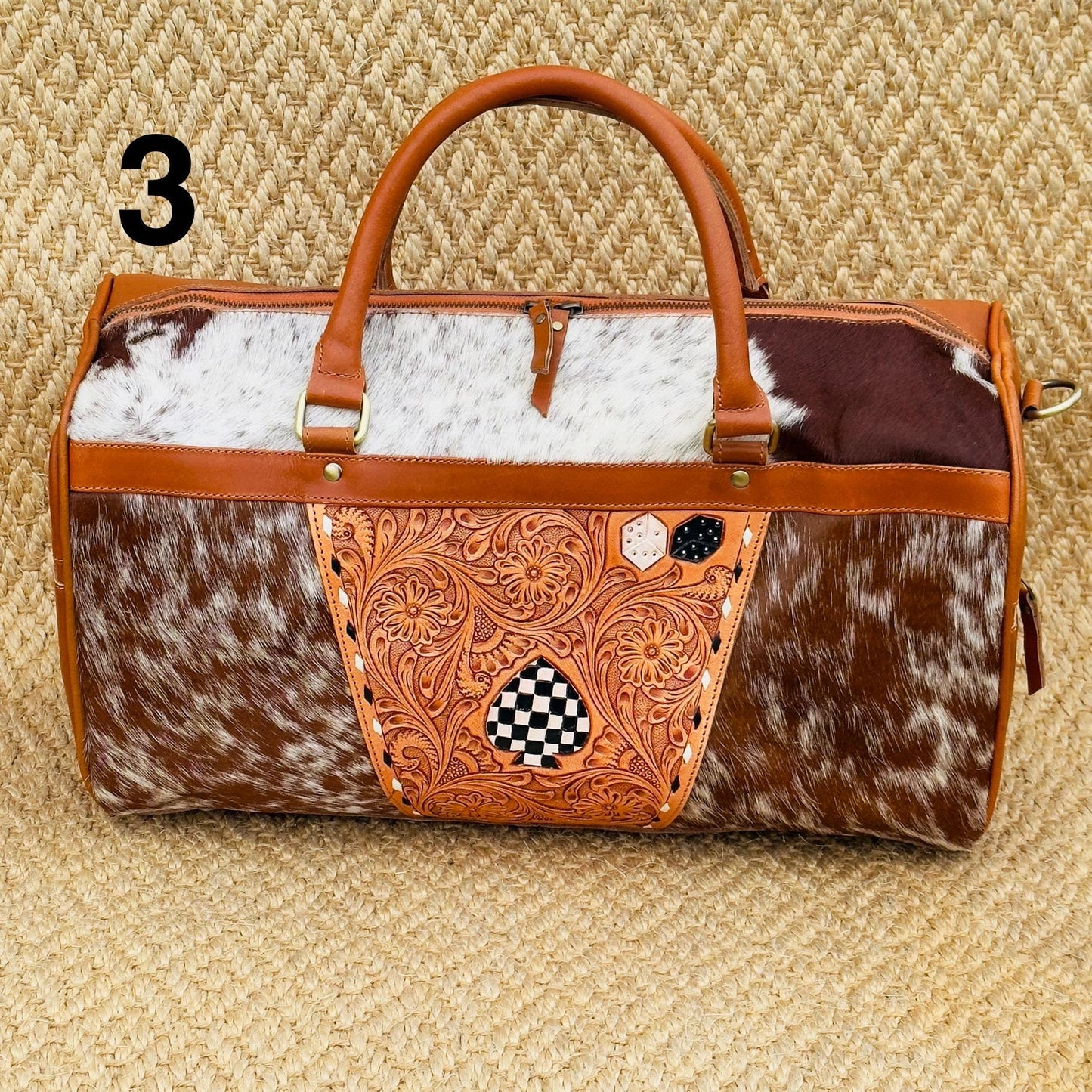 Hide & Leather Duffle Bag with Tooled Detailing in Black or Tan - JayKayBoutiqueOnline