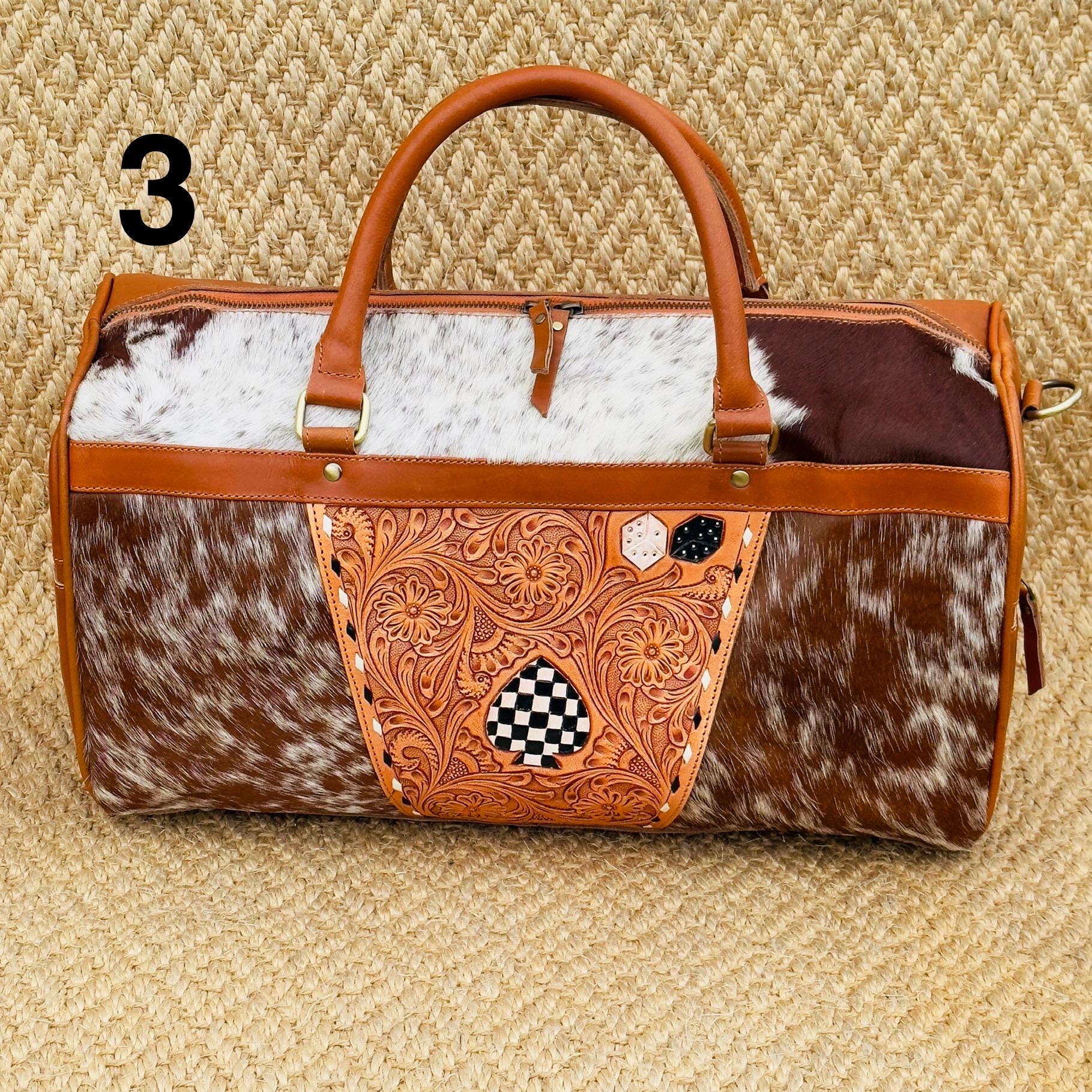 Hide & Leather Duffle Bag with Tooled Detailing in Black or Tan - JayKayBoutiqueOnline