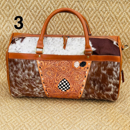 Hide & Leather Duffle Bag with Tooled Detailing in Black or Tan - JayKayBoutiqueOnline