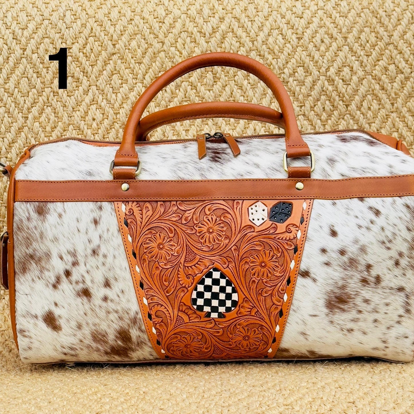 Hide & Leather Duffle Bag with Tooled Detailing in Black or Tan - JayKayBoutiqueOnline