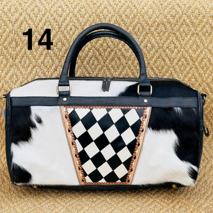 Hide & Leather Duffle Bag with Tooled Detailing in Black or Tan - JayKayBoutiqueOnline