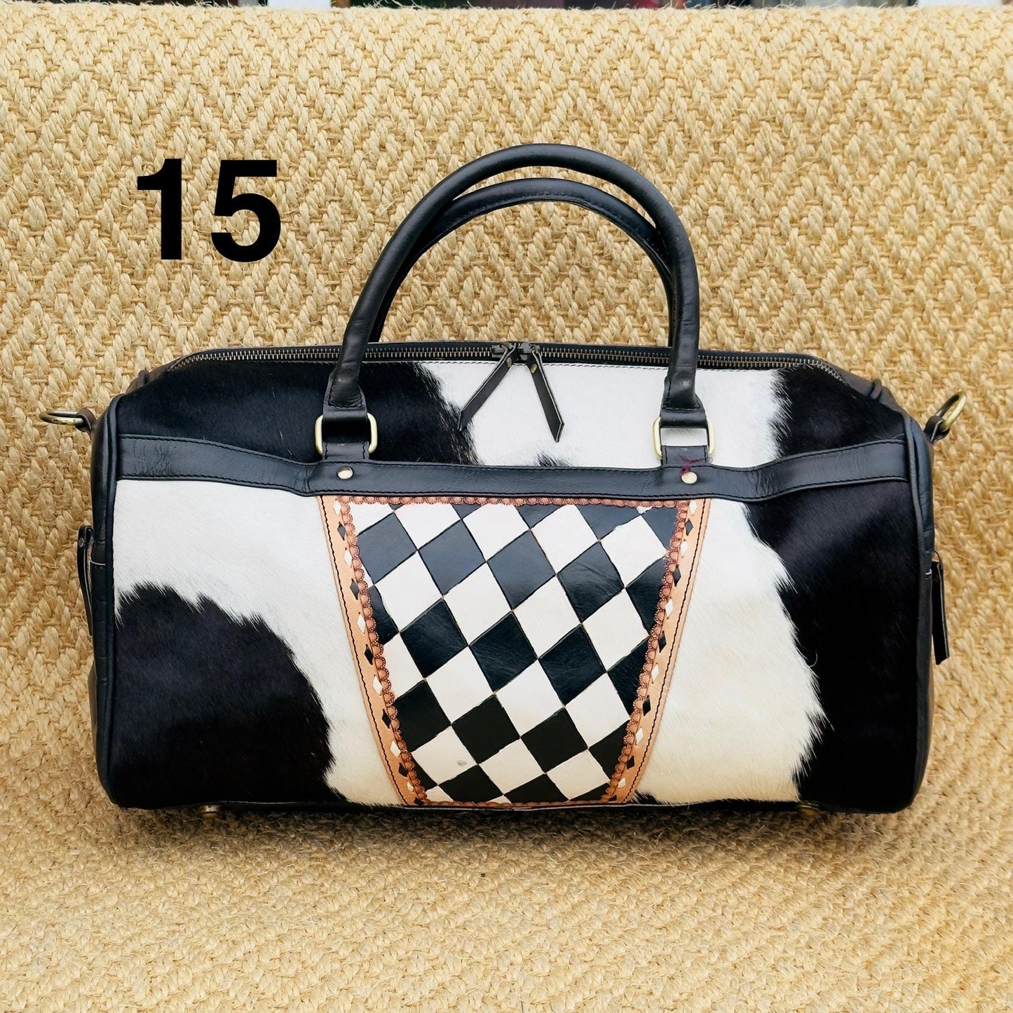 Hide & Leather Duffle Bag with Tooled Detailing in Black or Tan - JayKayBoutiqueOnline