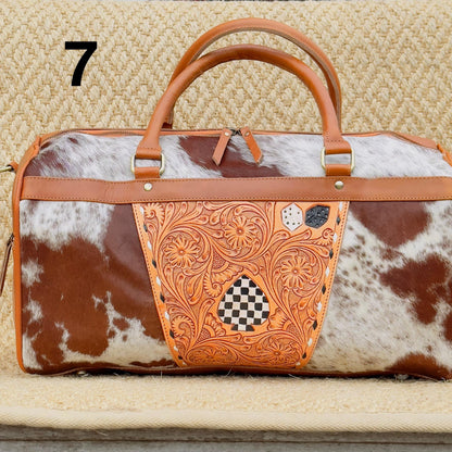 Hide & Leather Duffle Bag with Tooled Detailing in Black or Tan - JayKayBoutiqueOnline