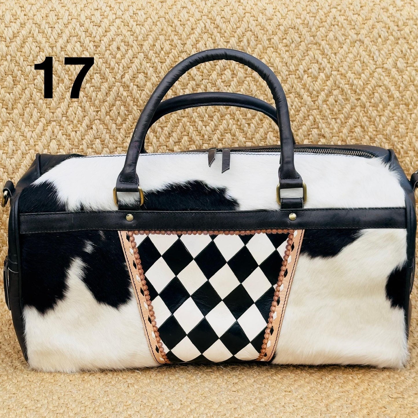 Hide & Leather Duffle Bag with Tooled Detailing in Black or Tan - JayKayBoutiqueOnline