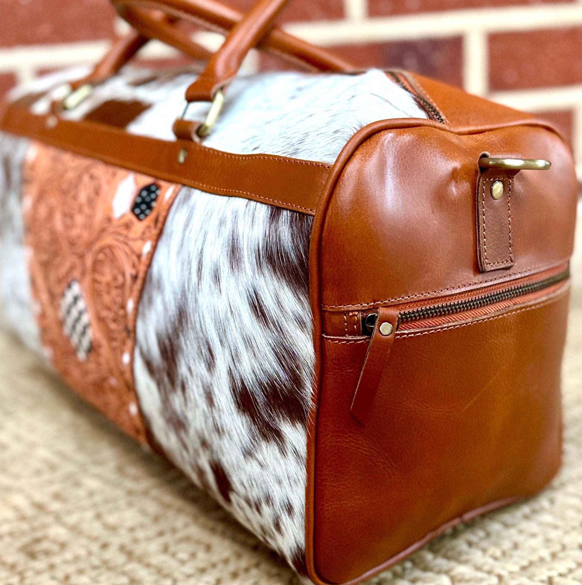 Hide & Leather Duffle Bag with Tooled Detailing in Black or Tan - JayKayBoutiqueOnline