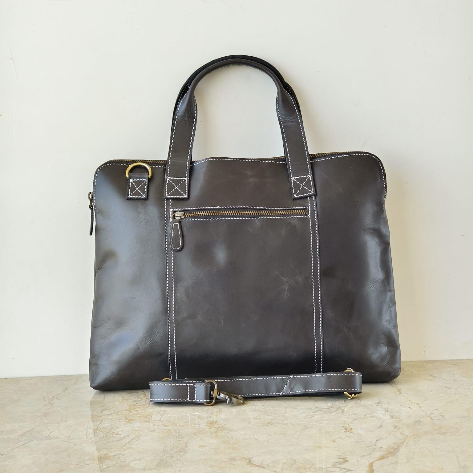 Handcrafted Genuine Leather 15-inch Laptop Briefcase, Contrast Stitch - JayKayBoutiqueOnline