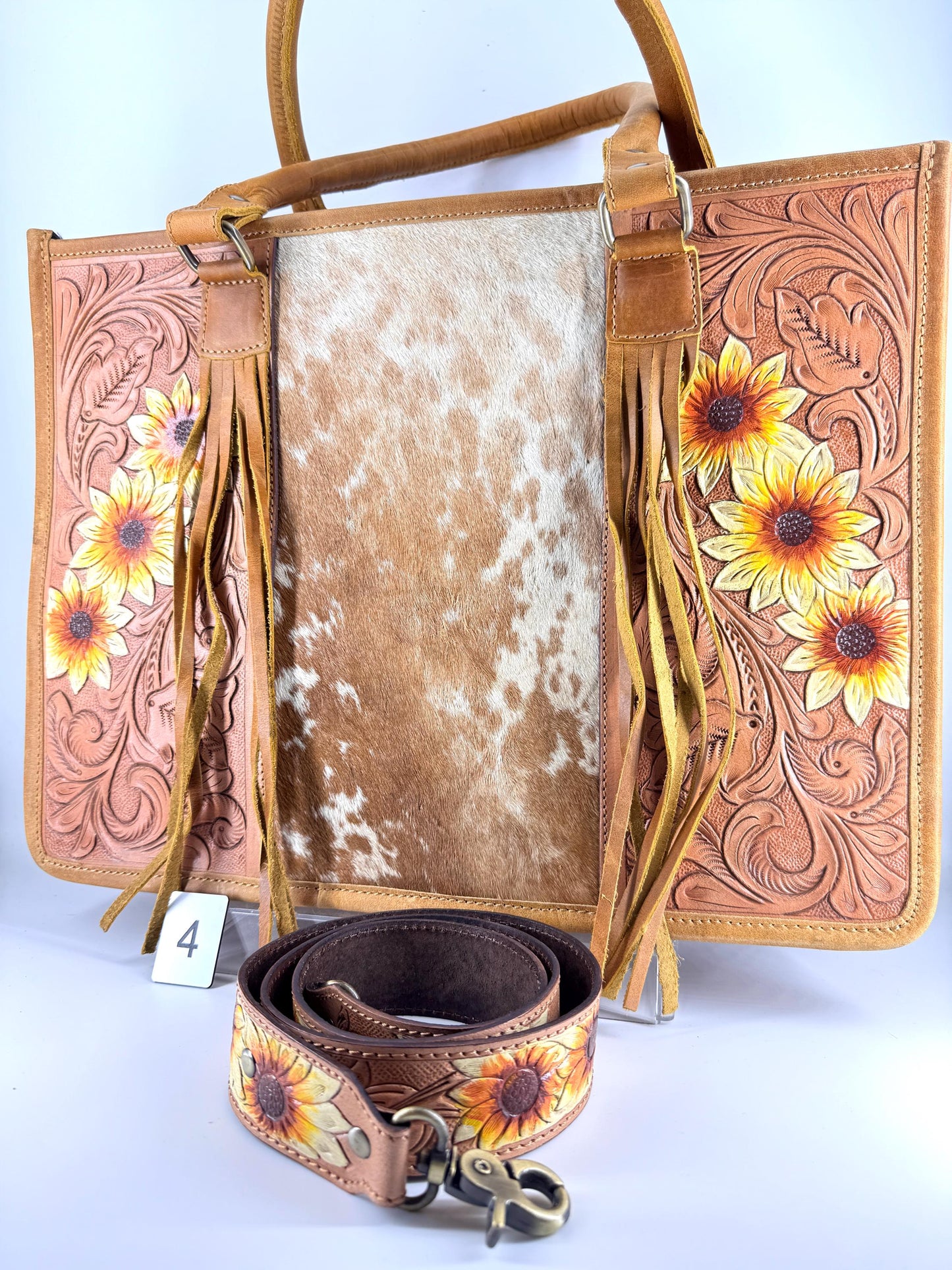 Hand Tooled Leather Tote Bag with Cowhide - JayKayBoutiqueOnline