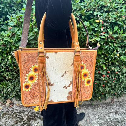 Hand Tooled Leather Tote Bag with Cowhide - JayKayBoutiqueOnline