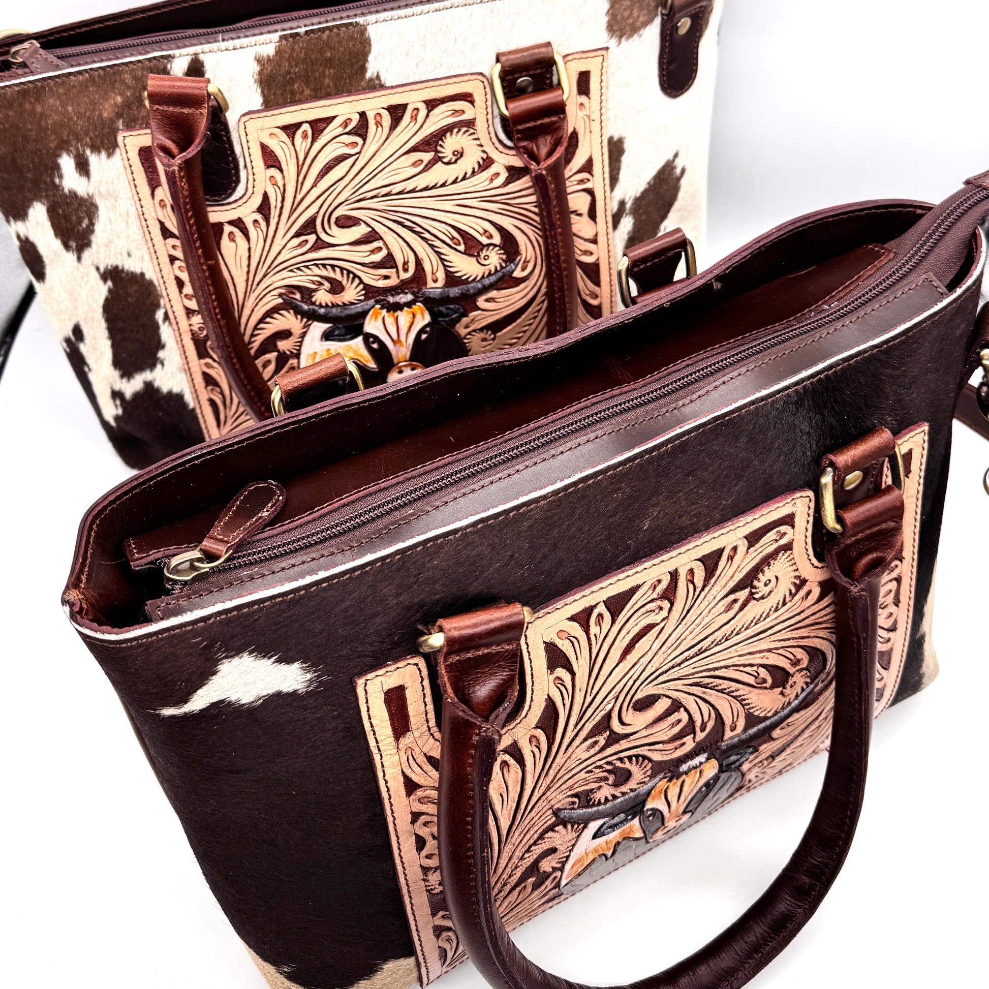 Leather Tote Bag with Hand Carved Longhorn Cow - JayKayBoutiqueOnline