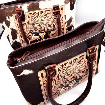 Leather Tote Bag with Hand Carved Longhorn Cow - JayKayBoutiqueOnline