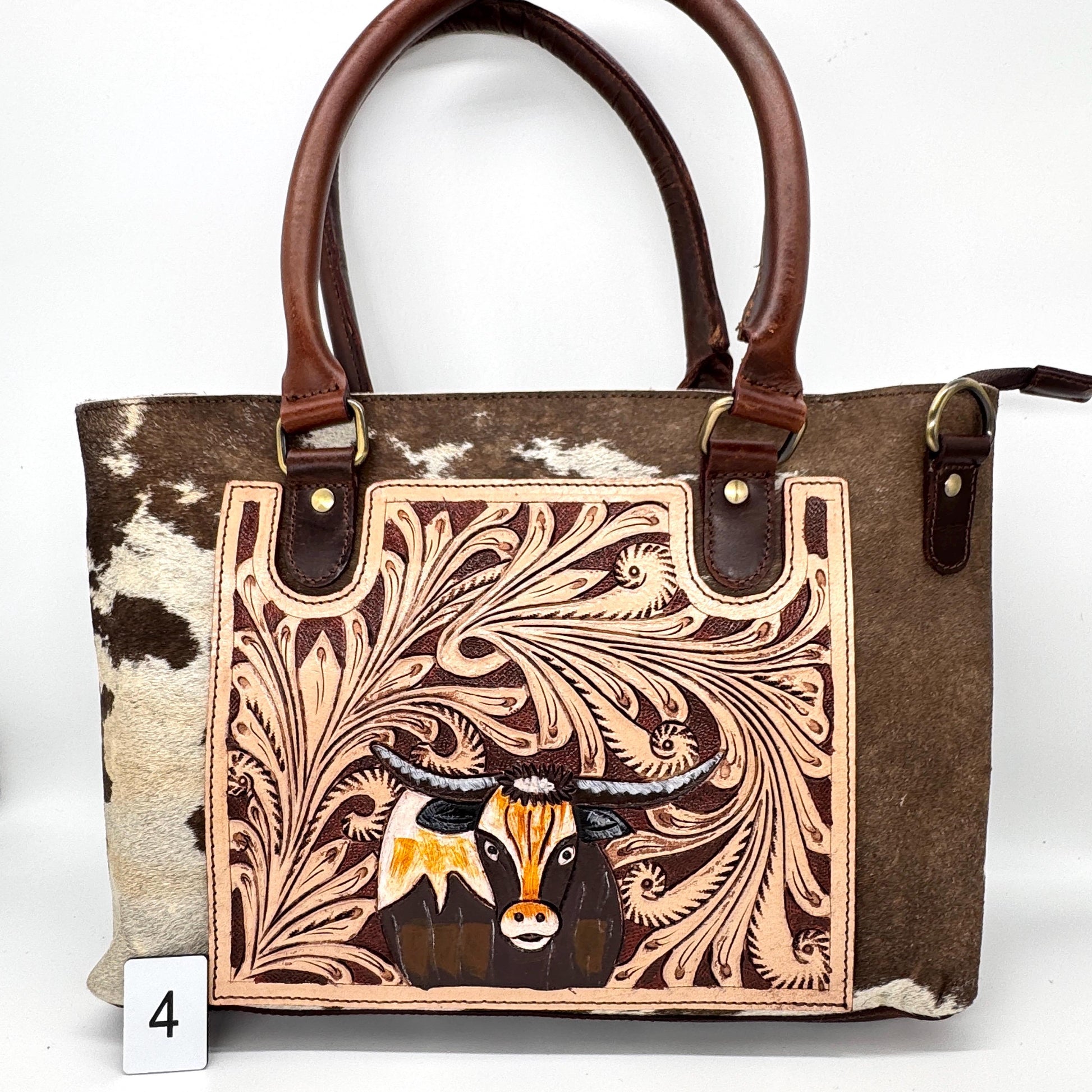 Leather Tote Bag with Hand Carved Longhorn Cow - JayKayBoutiqueOnline