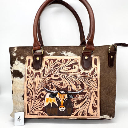 Leather Tote Bag with Hand Carved Longhorn Cow - JayKayBoutiqueOnline