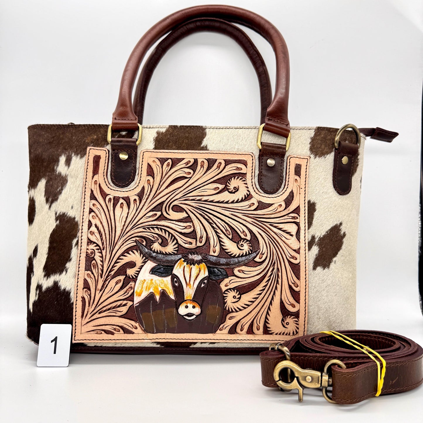 Leather Tote Bag with Hand Carved Longhorn Cow - JayKayBoutiqueOnline