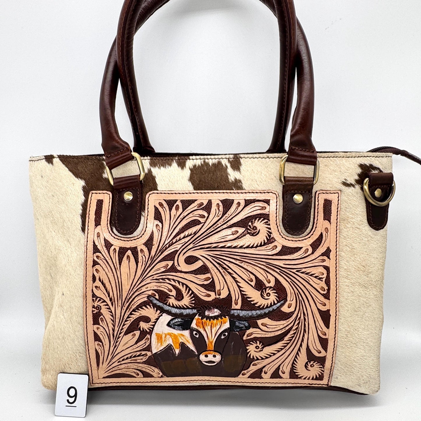 Leather Tote Bag with Hand Carved Longhorn Cow - JayKayBoutiqueOnline