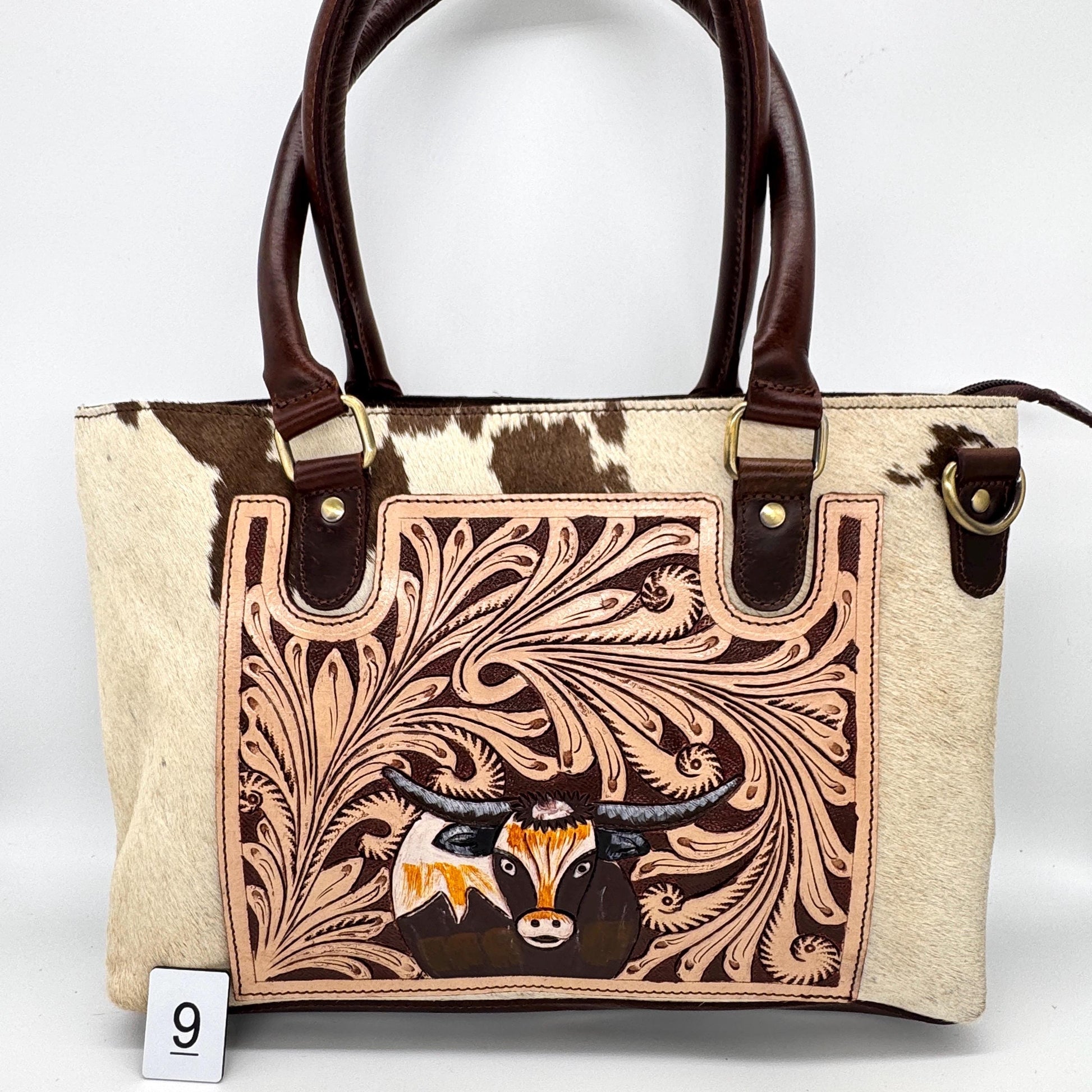 Leather Tote Bag with Hand Carved Longhorn Cow - JayKayBoutiqueOnline