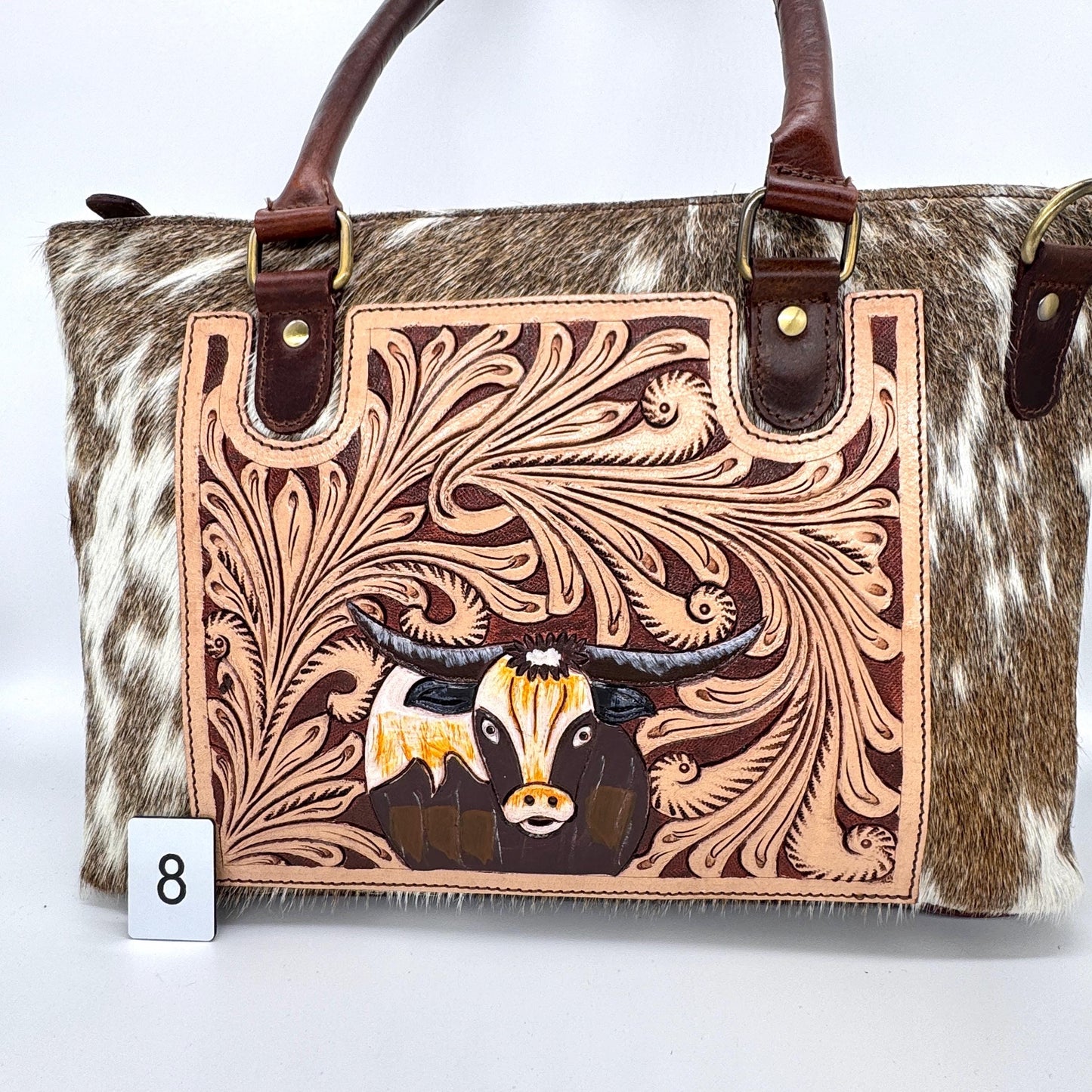 Leather Tote Bag with Hand Carved Longhorn Cow - JayKayBoutiqueOnline