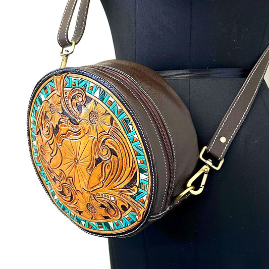 Hand Tooled Leather Round Shoulder Bag - JayKayBoutiqueOnline