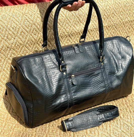 Black Leather Duffel Bag with Snake Skin Effect - JayKayBoutiqueOnline
