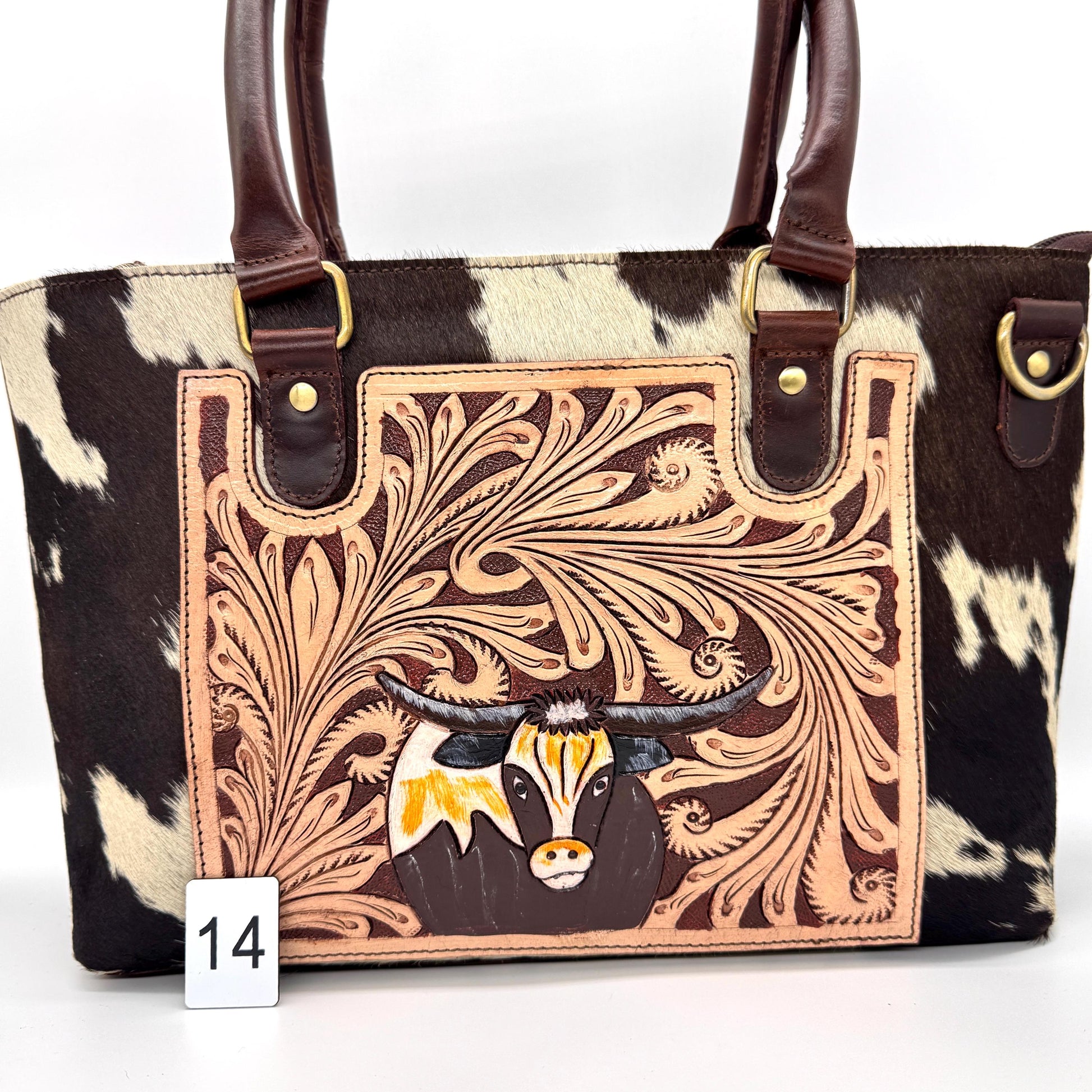 Leather Tote Bag with Hand Carved Longhorn Cow - JayKayBoutiqueOnline