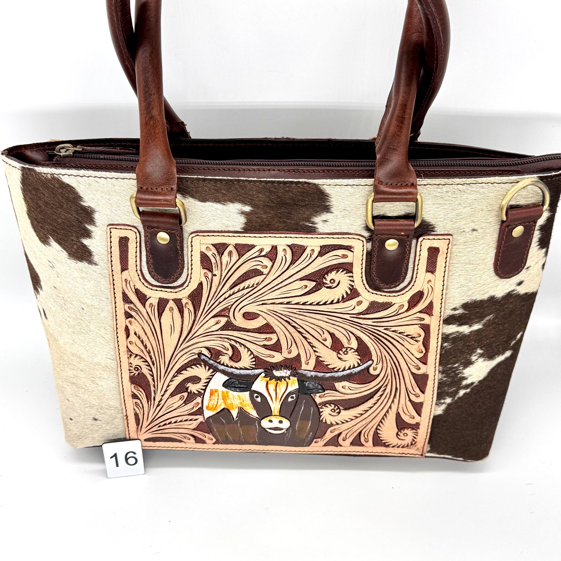 Leather Tote Bag with Hand Carved Longhorn Cow - JayKayBoutiqueOnline
