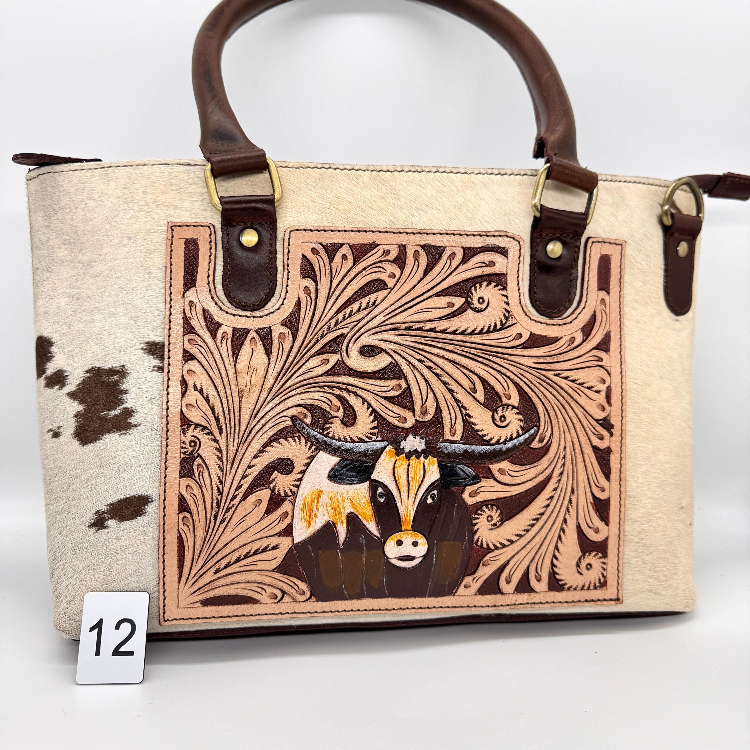 Hand Tooled Longhorn Cowhide Tote Bag: Western Floral Leather